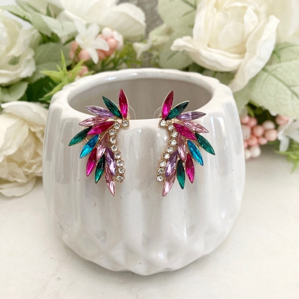 Gold Tone Multicolor Marquise Rhinestone Statement Earrings wedding party 💖